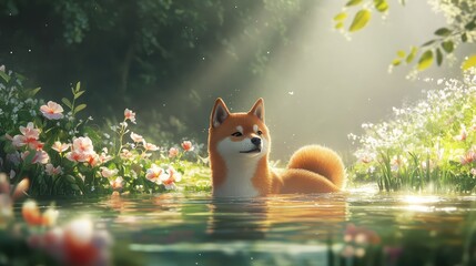 Fototapeta premium Summer breeze carries a refreshing touch as a Shiba Inu paddles in a vibrant, flower-lined pond under sunbeams.