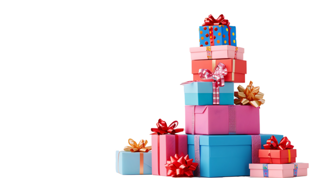 Stack of colorful gift boxes with ribbons and bows, detailed and festive, isolated on a white background