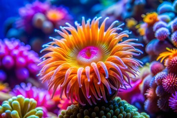 Vibrant coral polyp sways gently in the current, its delicate tentacles waving amidst a kaleidoscope of colors, showcasing the beauty of an underwater marine ecosystem.