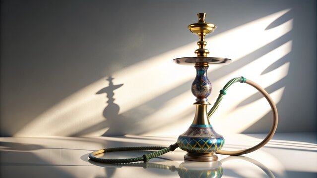 A ornate, intricately designed hookah sits centered on a clean, minimalist white background, awaiting use, surrounded by subtle shadows, exuding Middle Eastern mystique.