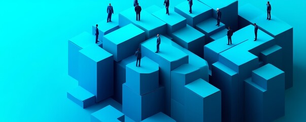 Abstract blue geometric structure with figures.