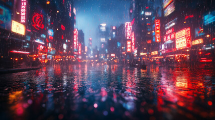 Obraz premium Neon Cityscape in Rain at Night