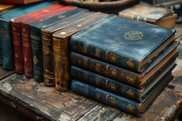  A stack of vintage books resting on a rustic wooden table.