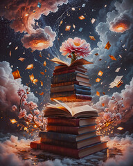 Pile of books with flowers in the sky. 3d rendering