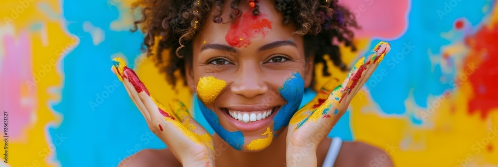 Wall mural young woman with colorful paint splatters on her face and hands