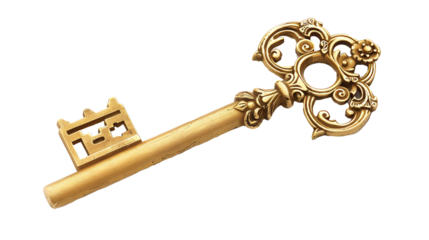 Classic gold key with intricate details, isolated on a white background