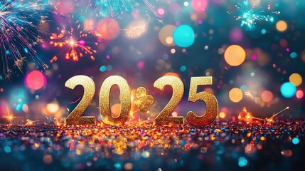 Golden 2025 New Year's Eve Celebration with Fireworks and Glitter