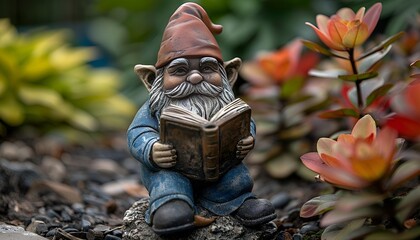  A whimsical gnome statue engrossed in reading a book.