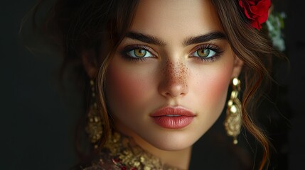 Fototapeta premium A detailed image of a Spanish woman with a focus on her traditional or modern attire and expressive features, isolated on a dark background