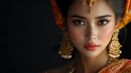 A detailed image of a Thai woman with a focus on her traditional or modern attire and expressive features, isolated on a dark background 
