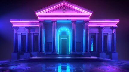 Fototapeta premium Bank building. Mobile banking concept. 3D realistic business object. bank architecture with futuristic style in blue neon color illustration