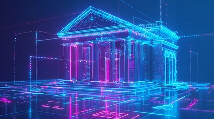 Bank building. Mobile banking concept. 3D realistic business object. bank architecture with futuristic style in blue neon color illustration