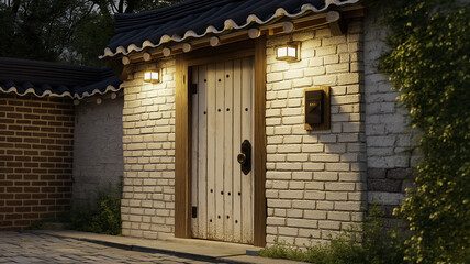 Fototapeta premium Charming Rustic Entrance with Wooden Door