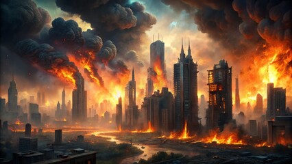 Obraz premium Apost-apocalyptic illustration of a city ablaze, with flames engulfing skyscrapers and smoke billowing into a dark, ominous sky, amidst a backdrop of ruins and chaos.