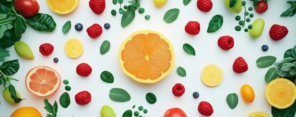 Fresh fruit and vegetables arranged on a white background.