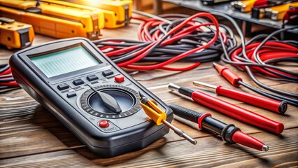 A precise digital multimeter displays voltage measurement on a bright LCD screen, surrounded by durable rubber grips and metal probes, on a clutter-free workbench.