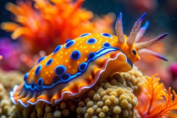 Vibrant orange and blue sea slug, its tentacles and body adorned with iridescent spots, clings to a colorful coral reef in a shallow sea.