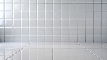 A pristine white tile surface with subtle grout lines, reflecting soft light and providing a clean, minimalist background for various objects or textures.