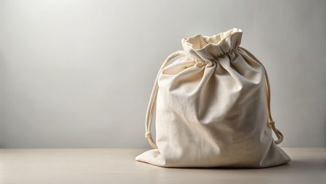 A pristine white cloth bag with a soft, gathered top and natural texture, isolated on a neutral background, perfect for product or Still Life photography.