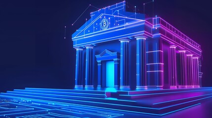 Bank building. Mobile banking concept. 3D realistic business object. bank architecture with futuristic style in blue neon color illustration