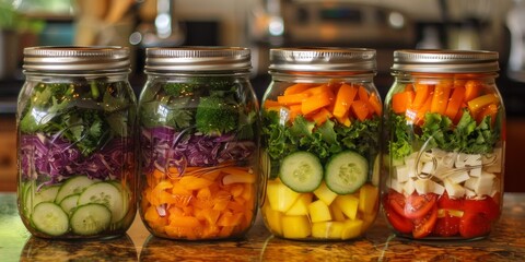 Colorful jars filled with fresh vegetables, showcasing healthy eating and meal prep ideas in a vibrant kitchen setting.