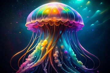 Vibrant, intricately textured jellyfish radiates an ethereal, shimmering glow, its translucent bell and delicate tentacles illuminated by a mesmerizing, rainbow-colored luminescence in dark waters.