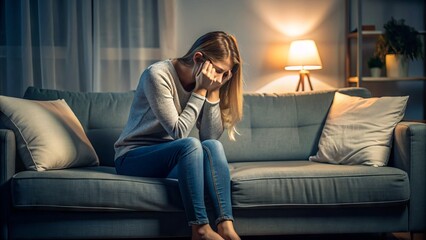 Obraz premium A regretful young woman with her head in her hands, exhibiting a sorrowful expression, sits alone on a couch in a dimly lit room.