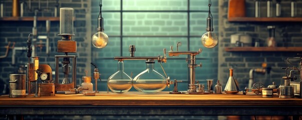 Vintage laboratory with beakers and equipment on wooden table.