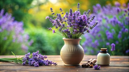 Aromatic ceramic vase filled with fresh lavender flowers and essential oils on a wooden table, evoking a sense of serenity and calming atmosphere.