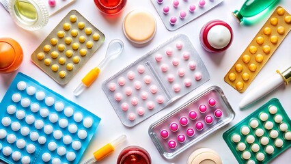 Array of assorted birth control options including pills, condoms, intrauterine devices, and diaphragms on a white background, highlighting reproductive health choices.