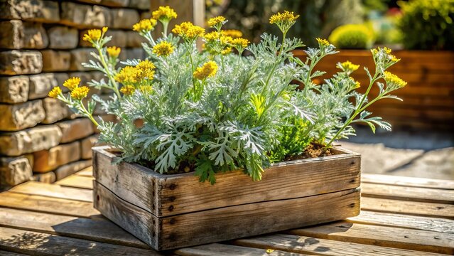 Aromatic wormwood plants with silvery-green leaves and tiny yellow flowers grow in a rustic wooden planter on a sunny, worn stone patio.