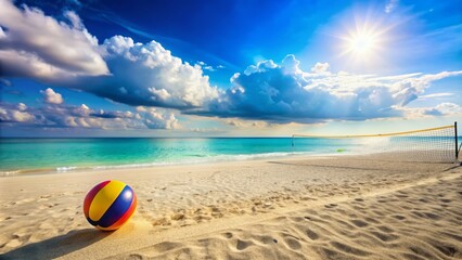 Obraz premium A colorful and vibrant beach scene with a volleyball lying on the sandy shore, surrounded by clear blue water and a bright sunny sky, with copy space.