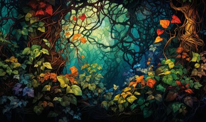 Fototapeta premium Tangled vines flat design front view overgrown jungle watercolor Triadic Color Scheme