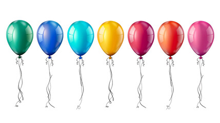 Set of colorful balloons with strings, detailed and vibrant, isolated on a white background