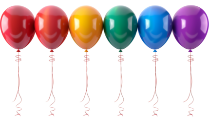 Set of colorful balloons with strings, detailed and vibrant, isolated on a white background