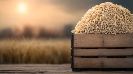 Golden grain beautifully arranged in a rustic wooden crate against a stunning sunset backdrop, symbolizing harvest and abundance.