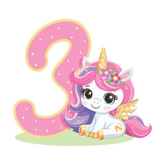Cute unicorn with pink and golden number 3 isolated on white background. Happy Birthday concept. Vector illustration in flat cartoon style