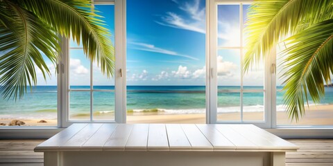 Serene tropical beach scene with an empty white wooden table placed in front of a blurred open window, bathed in warm sunlight, perfect for product display.