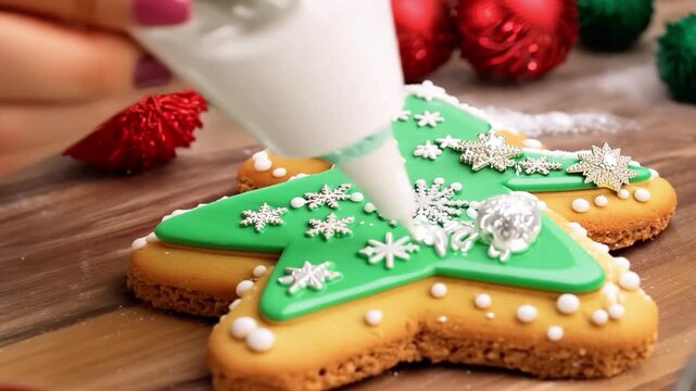 Festive cookie decorating with green icing and ornaments on a wooden table during the holiday season