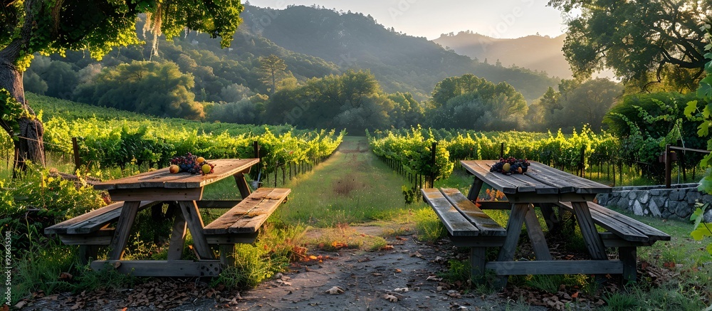 Wall mural two picnic tables set in a vineyard, offering a scenic view of the mountains in the background.