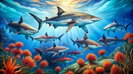 Fototapeta premium A school of stylized sharks swim in unison, surrounded by vibrant coral and seaweed, set against a bright blue ocean background with geometric patterns.