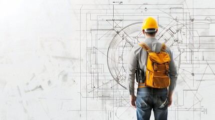 a male engineer standing proudly in front of a completed construction project, isolated on white background