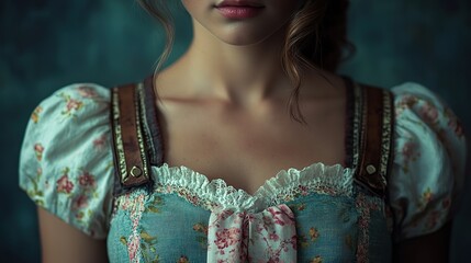 A full-shot of a German woman in traditional attire such as a dirndl or leaseholder, showcasing the detailed patterns and cultural significance, isolated on a dark background