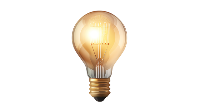Classic light bulb with a glowing filament, detailed and realistic, isolated on a white background