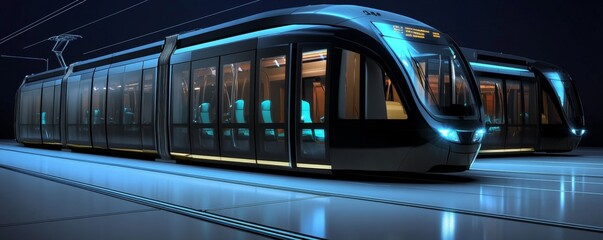 Obraz premium Modern tram parked at night, illuminated by blue lights.