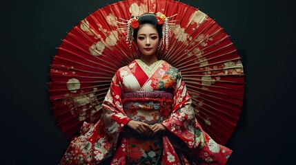 Obraz premium A full-shot of a Japanese woman in festive or ceremonial attire, like for a traditional festival or celebration, isolated on a dark background
