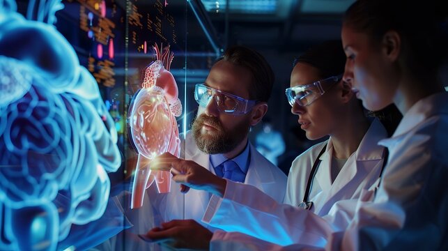 Medical professional studying a futuristic transparent digital display with a 3D human anatomy hologram. Concept for healthcare, technology, and medical research.