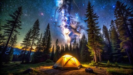 A serene campsite under starry night sky, a solitary tent illuminated from within, surrounded by darkness and faintly lit trees in a tranquil wilderness setting.