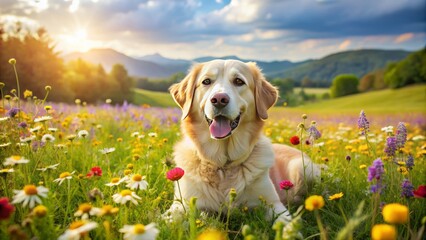 A serene canine lies peacefully on a sunny meadow, surrounded by vibrant wildflowers, exuding tranquility and contentment in this heartwarming and idyllic scene.