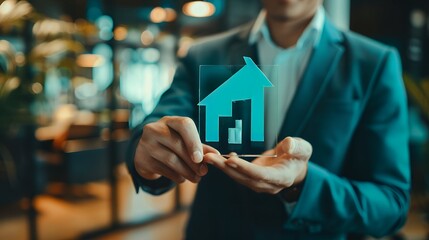 Business growth concept. Businessman hold up arrow icon and percentage with graph indicators for investment growth. Strategic business success. Business vision.